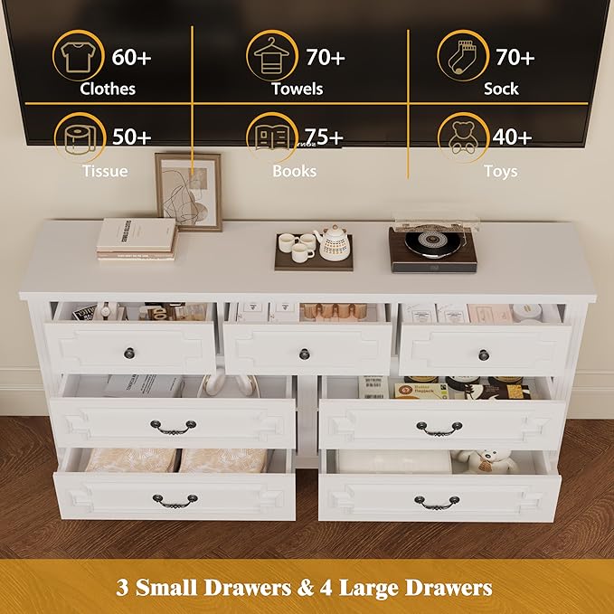 7 Drawer Dresser for Bedroom, 36" Tall Dresser & Chest of Drawers wtih Vintage Surface, Closet Storage Cabinet for Living Room, Hallway, White