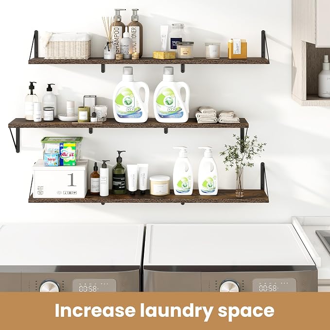 Heimlove Floating Book Shelves for Wall,47.2 Inches Long Wall Mounted Bookshelves,Heavy Duty Bracket Shelves for Living Room Kitchen,Laundry Room Storage & Decor,Set of 3,Rustic Brown
