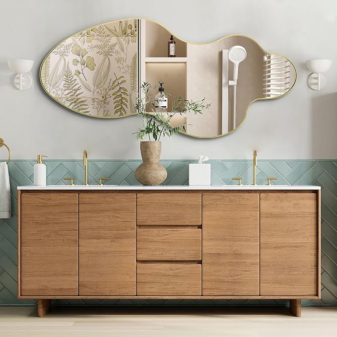 Irregular Wall Mirror, 60"x30" Gold Asymmetrical Mirrors Full Length, Large Abstract Mirrors with Metal Frame, Modern Unique Shaped Mirror for Living Room Bathroom Bedroom Hallway Entryway