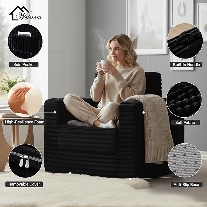 Welnow Folding Sofa Bed with Ottoman, Convertible 2-in-1 Boneless Couch Futon Lounge Chair Bed for Adults, Comfy Fold Out Sleeper Sofa for Small Spaces, Living Room, Bedroom, or Dorm, Black