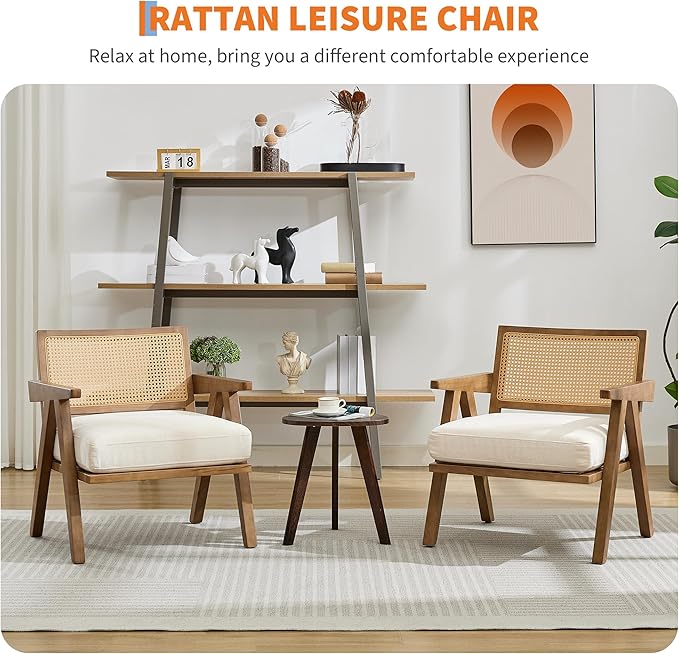 Mid Century Modern Accent Chair, Comfy Living Room Chairs with Sturdy Wood Legs, Rattan Backrest & Beige Thick Linen Cushion, Armchair for Bedroom Balcony Apartment, Beige (2 PCS)