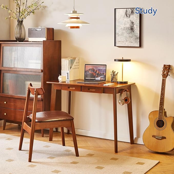 Aibiju Solid Wood Desk with Drawers, 47inch Computer Desk for Modern Minimalist Style, Gaming Study Home Office Desks for Work, Student PC Desk for Bedroom Brown YD-WD03H
