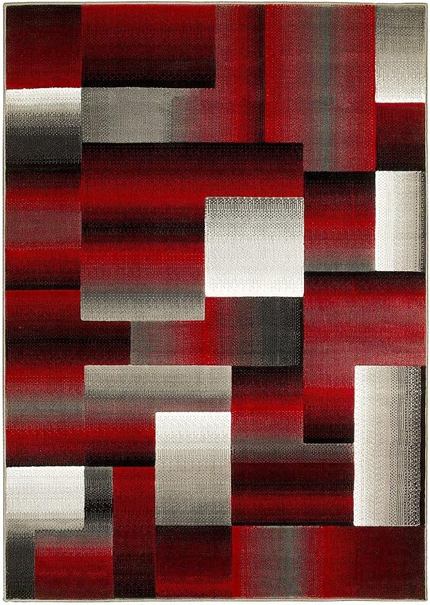 HR 5’ x 7’ Rug in Red - Premium Quality Red/Black/Gray Abstract Geometric Modern Squares Pattern Area Rug - Contemporary Styling for Living Room, Bedroom - Unique Home Décor