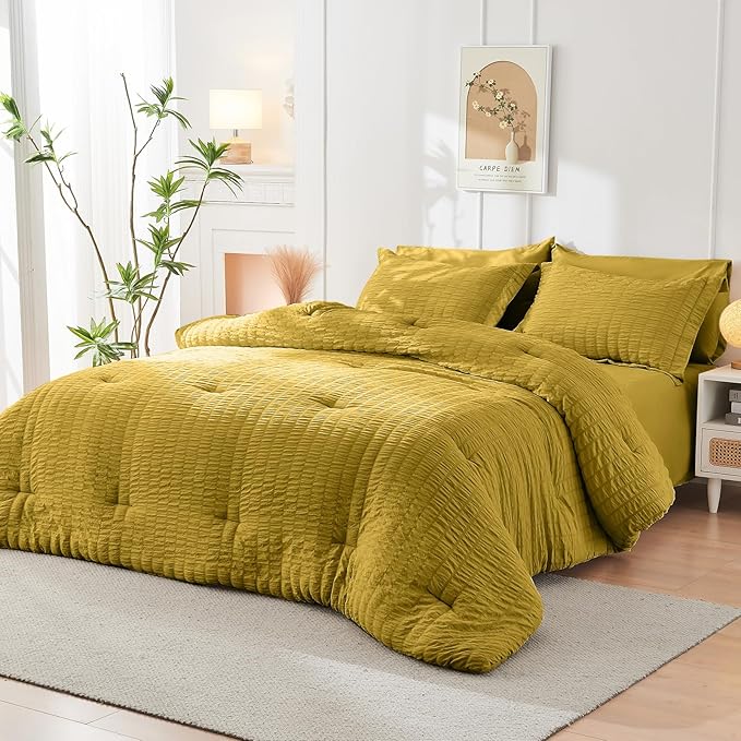 HYMOKEGE Mustard Yellow Twin Comforter Set Seersucker 5 Pieces, All Season Luxury Bed in a Bag for Bedroom, Bedding Set with Comforter, Sheets, Pillowcase & Sham