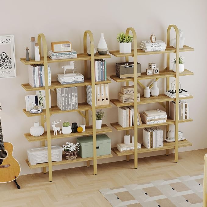 Wide Bookshelf Arched Bookcase, Industrial 5 Tier Open Book Shelves with Metal Frame, 72" Tall Freestanding Heavy Duty Display Rack for Home Office, Living Room,Nature Wood & Gold,Easy Assembly