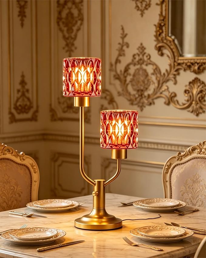 Lightdot Mid Century Modern Table Lamp Dimmable Nightstand Lamp Red Glass Vintage Gold Desk Lamp 2 Bulbs Included Warmwhite Ambient Bedside Lamps for Living Room Bedroom Girls Room Home Office Decor