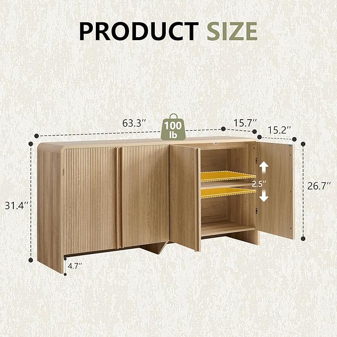 AMERLIFE 63" Fluted Sideboard Buffet Cabinet with Storage, Modern Credenza Console with 4 Doors & Adjustable Shelves, Wood Coffee Bar for Kitchen, Living Room, Hallway, Natural Oak