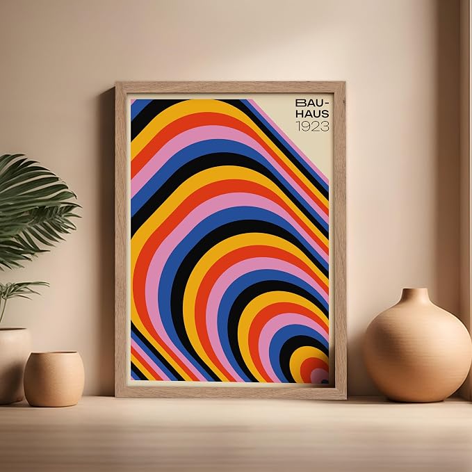 Poster Master Bauhaus Poster - Psychedelic Stripes Print - Abstract Art - Geometric Art - Graphic Design Art - Chic Boho Art - Mid Century Modern Art - Living Room Wall Decor - 16x20 Beige Framed