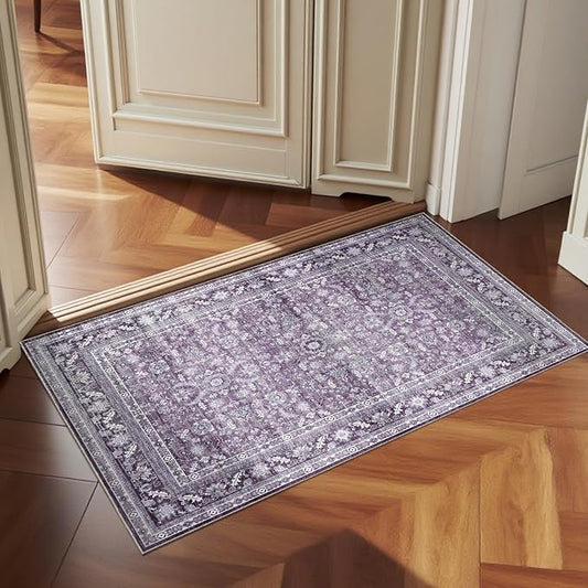 OPPODREAM Vintage Purple 2x3 Washable Rug, 2 x 3 Retro Door Mat Indoor Entrance Non Slip, Low-Pile Faux Wool Throw Carpet, Distressed Floor Mat for Kitchen, Hallway, Entry-Way, Back Door