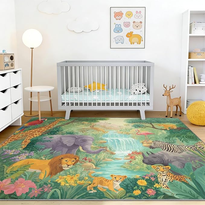 Green 5' x 8' Washable Area Rug for Living Room, Modern Tropical Rainforest Animals Giraffe Flamingo Printed Non-Slip Carpet - Low Pile Soft Indoor Rug for Bedroom Kids Playroom Parent-Child Space
