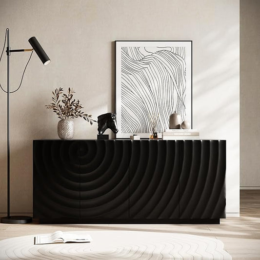 Wave Pattern Sideboard Buffet Cabinet - Modern Luxury Multifunctional Storage Cabinet with 3D Textured Doors, Display Cabinet for Dining Room Living Room Entryway (Black)