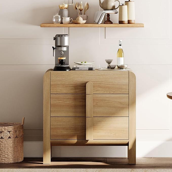 WAMPAT Sideboard Buffet Cabinet with Storage with 3 Drawers,Modern French 31.5" W Buffet Cabinet with Storage,Wood Coffee Bar Cabinets with Curved Edge Design for Kitchen Living Room, Walnut