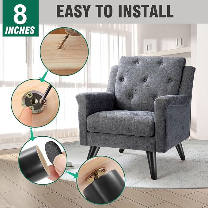 FoDau770 Black Rubber Wood Furniture Legs 8 Inches, Slant Tapered Wood Feet Mid Century Sofa Legs Set of 4, 5/16" UNC Furniture Feet Replacement Parts for Cabinet Couch Dresser Chair Ottoman Table