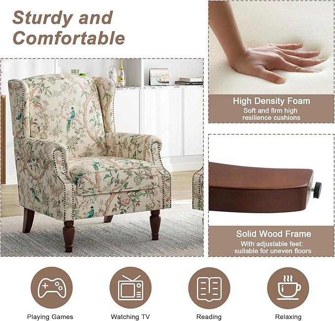 Pia Ricco High Back Floral Accent Chair - Retro Wingback Upholstered Armchair with Nailhead Trim, Solid Wood Legs, Fabric Living Room Bedroom Home Office Reading Chair (Bird Pattern)