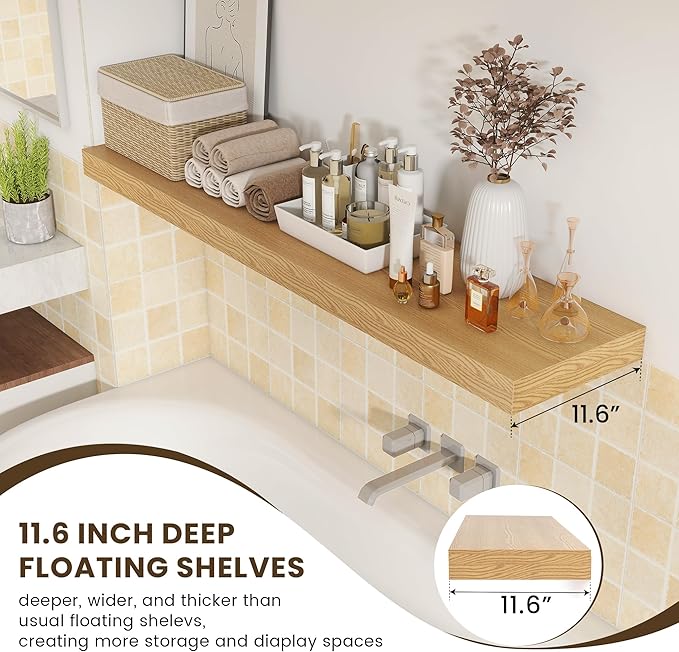 12 Inch Deep Floating Shelves | 55 Inch Oak Floating Shelves | 55" W x 12" D Rustic Wood Shelves for Wall | Deep Oak Shelves for Living Room Bathroom Laundry Room Kitchen