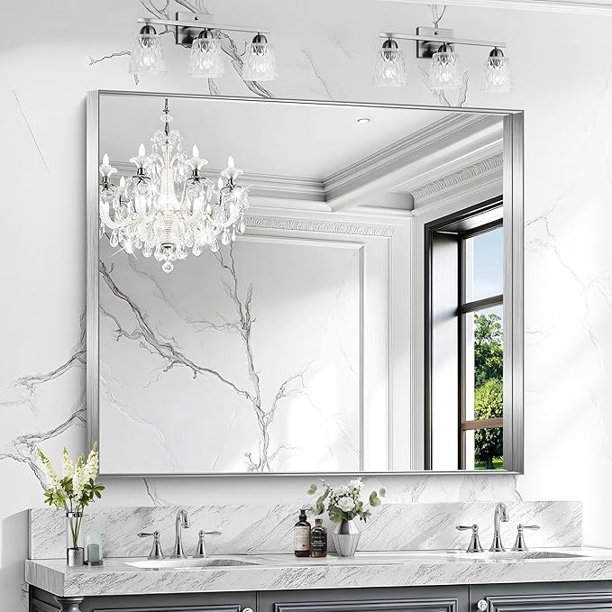CIRCUMI Silver Bathroom Mirror, 40"x48" Rectangular Mirror with Deep Metal Frame, Brushed Finish, Tempered Glass, Large Mirror for Wall, Over 2 Sinks, Installed Vertically/Horizontally, Crystal-Clear