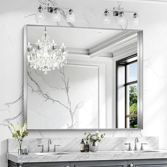 CIRCUMI Silver Bathroom Mirror, 40"x48" Rectangular Mirror with Deep Metal Frame, Brushed Finish, Tempered Glass, Large Mirror for Wall, Over 2 Sinks, Installed Vertically/Horizontally, Crystal-Clear