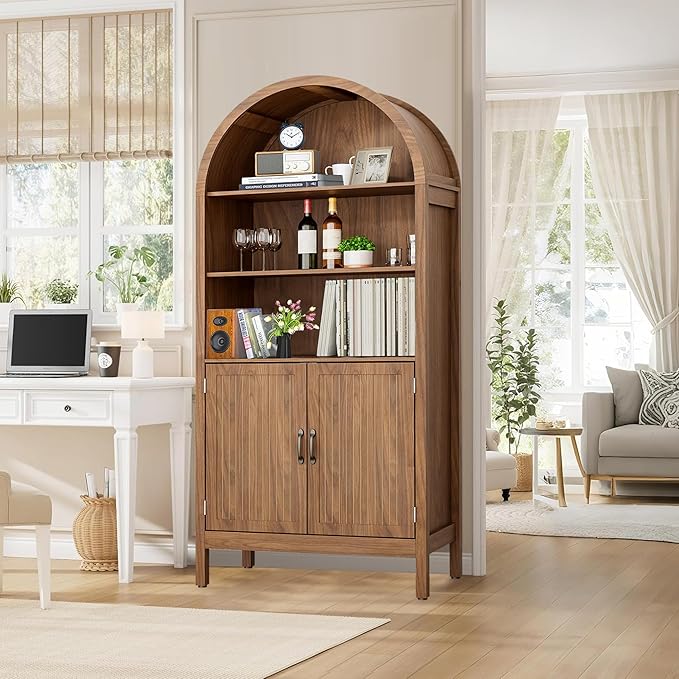 70.9" Tall Storage Cabinet with Fluted Doors, Arched Freestanding Cabinet with 5 Shelves, Wooden Bookcase Storage Cabinet Suitable for Living Room, Dining Room, Bathroom