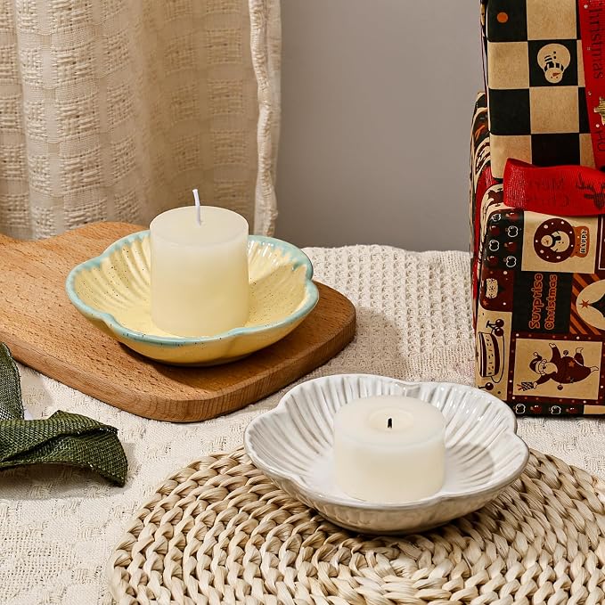 Koythin Ceramic Candlestick Holder for Pillar Candles, Floral Shape Candle Stand & Dish Bowl for Candlesticks, Incense, Decorative Ceramic Plate Tray for Table Centerpiece and Home Decor (White)