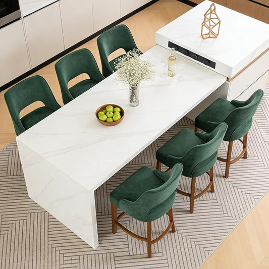 ClinQ Bar Stools Set of 6, 26" H Counter Height Bar Stools with Backs, Modern Upholstered Accent Barstools with Curved Footrest for Kitchen Island, Dining Room and Bar, Green-Walnut Legs