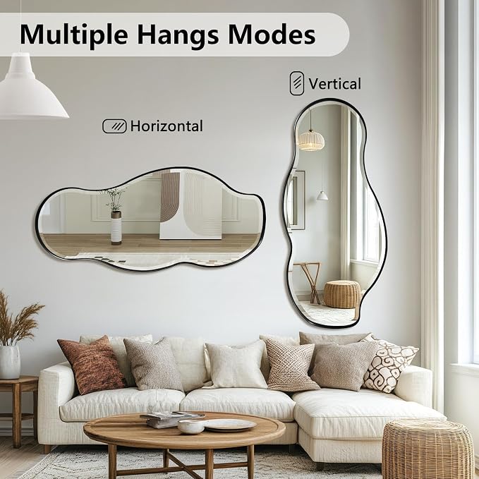 POZINO Irregular Beveled Mirror, 40"x18" Asymmetrical Vanity Wall Mirror with Black Metal Frame, Organic Shape Mirrors for Entryway Bedroom Bathroom Living Room, Horizontal/Vertical Hanging