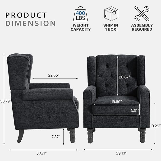 High Back Accent Chair, Accent Chair for Living Room, Button-Tufted Upholstered Fabric Armchair with Solid Wood Legs, Comfy Single Sofa Reading Chair for Bedroom,Black Blue