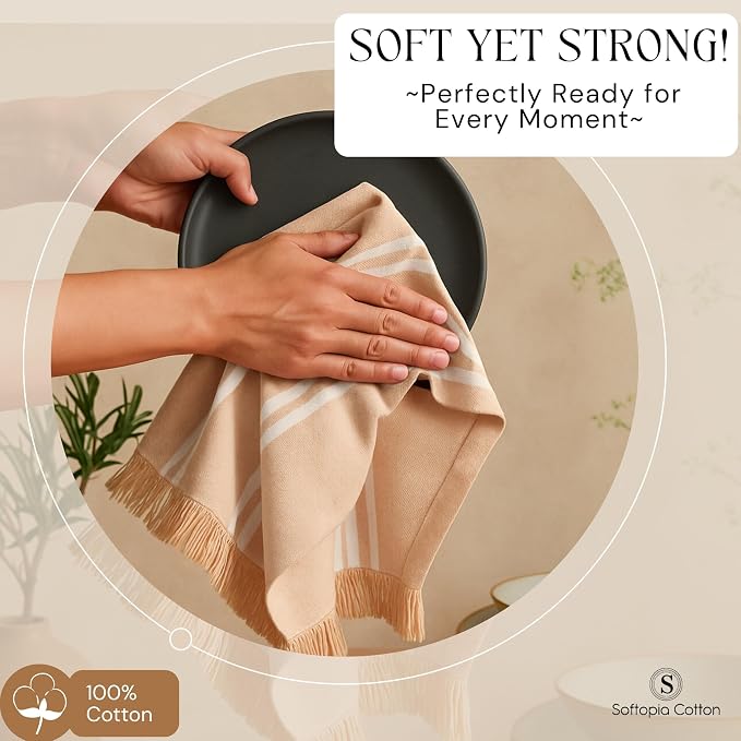 Prewashed Stripe Kitchen Towels 4 Pack, 16x26 Inches, 100% Cotton, Dish Towels for Kitchen Drying, Reusable Tea Towels, Absorbent Wash Cloths, Quick Dry and Machine Washable - Beige