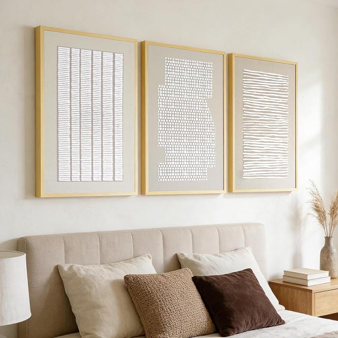Thalasse 3D Textured Abstract Wall Art for Bedroom, 3 Piece Modern Minimalist Line Canvas Artwork for Walls, Beige White Framed Pictures with Solid Wood for Living Room Decor, 16x24 In