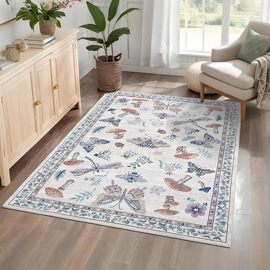 5x7 Washable Mushroom Floral Small Rug Non Slip Living Room Vintage Area Rug Low Pile Soft Bedroom Rugs Non Shedding Kitchen Rugs Boho Retro Indoor Carpet for Kids Nursery Room, Beige