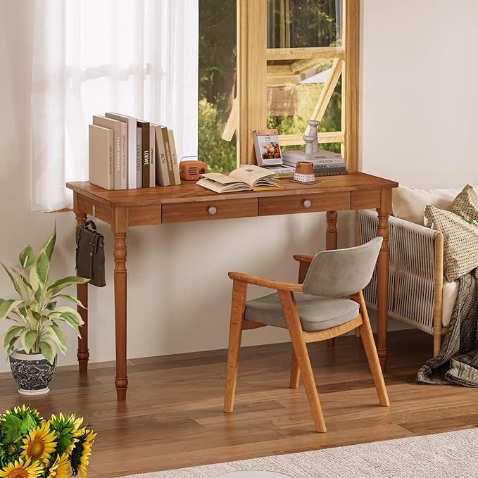 47 x 22 Inch Wooden Desk with Drawers -Simple Mid Century Modern Desk with 2 Hooks, Solid Rubber Wood Study Table for Living Room, Bedroom & Home Office, Walnut Color