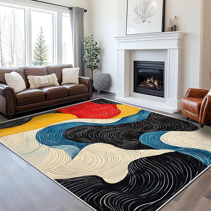 8x10 Colorful Area Rug Modern Abstract Black White Blue Beige Red Yellow Bedroom Rug Soft Low Pile Thin Large Carpet Living Room Non Slip Dining Room Stain Resistant Office Washable Machine