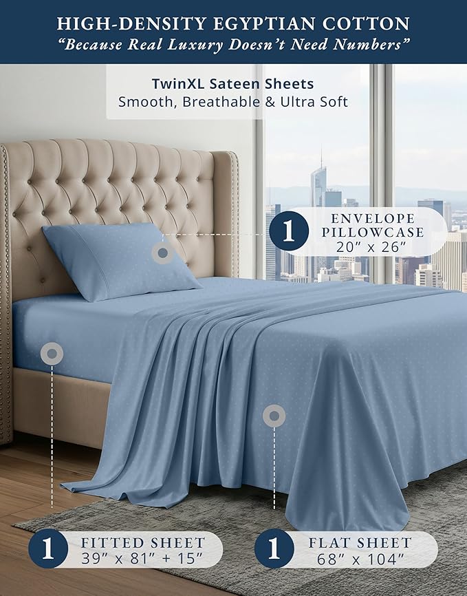 LANE LINEN 100% Egyptian Cotton Twin XL Sheets Set, Soft & Comfy Thick Fully Elasticized Mercerized Cotton Sheets Extra Large Twin Sheets, No Pill Fade Resistant Elegant Swiss Dot - French Blue