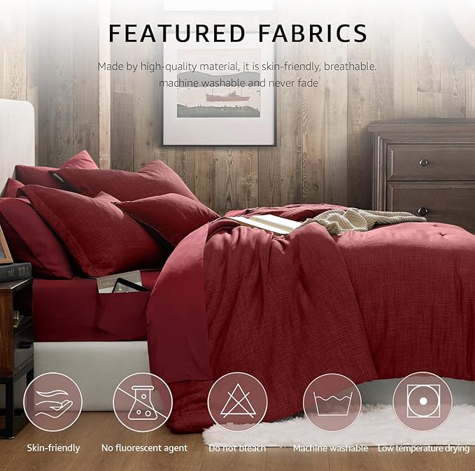 Geniospin Full Comforter Set - 7 Pieces Comforter Full Size, Solid Bedding Set for All Season, Dark Red Textured Bed in a Bag with Sheets