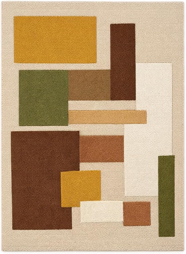 Hand Tufted Wool Geometric Rug-Mid-Century Modern Abstract Geometric Wool Earth Tone Green, Mustard & Terracotta Rug - Handmade Tufted Area Rug for Home Decor (4x4 Square Feet)