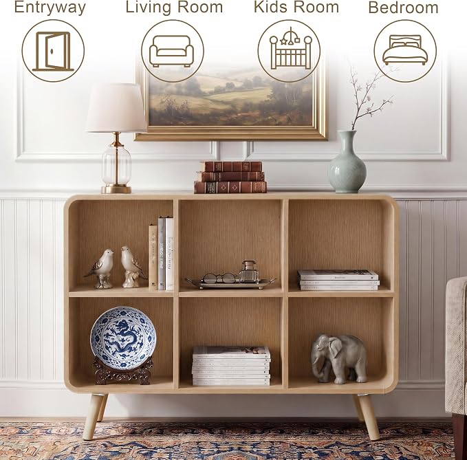 YOSHOOT 6 Cube Bookshelf - 35.4" Wood Cube Bookcase with Legs, Open Cubby Bookshelves with Curved Profile Design for Bedroom, Living Room,Home Office, Nature