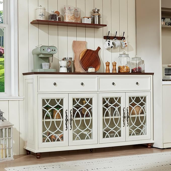 Large Sideboard Buffet Cabinet with Storage,59" Credenza with 4 Glass Doors & 2 Drawers,Adjustable Shelves Coffee Bar,Wood Kitchen Console Table for Dining Room,Living Room,Black