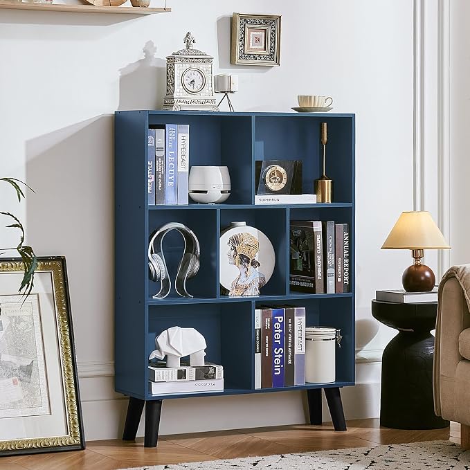 LEYAOYAO Cube Bookshelf 3 Tier Mid-Century Rustic Dark Blue Modern Bookcase with Legs,Retro Wood Bookshelves Storage Organizer Shelf,Freestanding Open Book Shelves for Bedroom,Living Room,Office