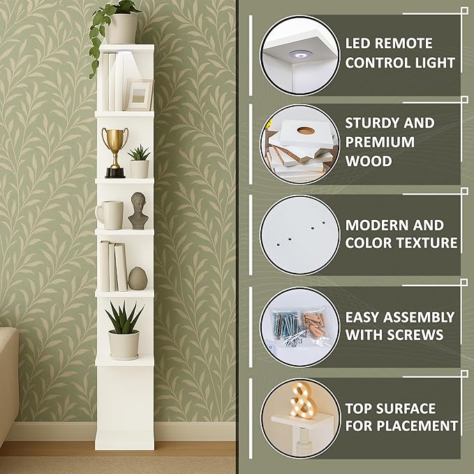Home Stuff Wall Shelf Unit, 11 3/4x74 3/4,Use Fixing Devices Suitable for The Walls in Your Home, 7 Tier Vertical Lack Wall Shelves, Column Shelf Organizer & Storage for Bedroom(2 x White with LED)