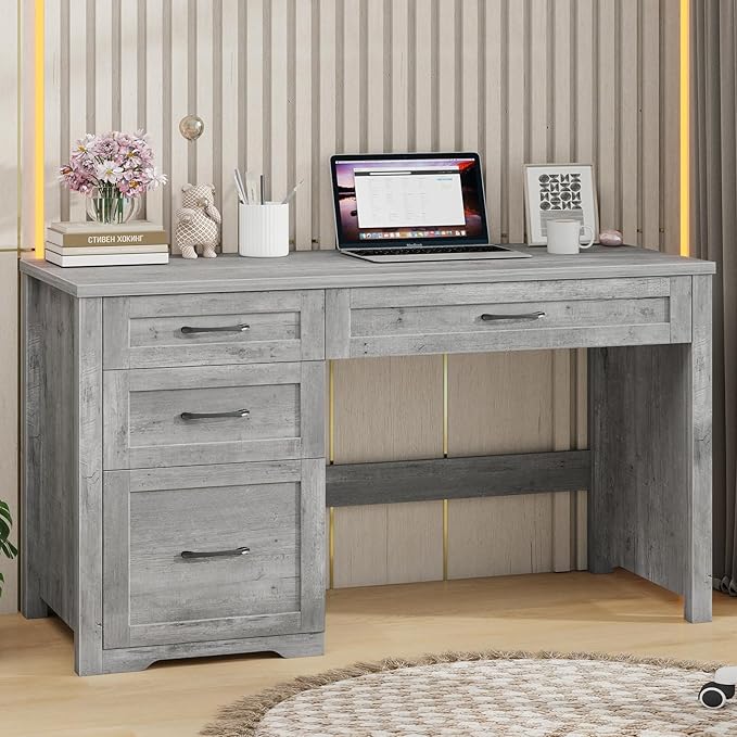 Farmhouse 47" Executive Desk with File Drawer, Wood Computer Desk with 3 Storage Drawers, Workstation for Home Office, Study, Writing(Grey)
