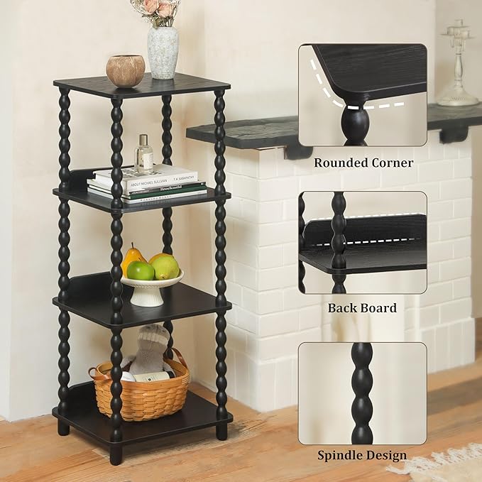 Fultyle Book Shelf, 4-Tier Bookshelf with Storage, Small Bookcase Display Shelves with Solid Wood Legs for Bedroom, Living Room, Office and Small Spaces (Black)