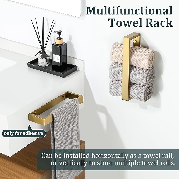 Sayayo Brushed Gold Towel Bar for Bathroom Wall, 10 Inch Hand Towel Holder, Screw or Self Adhesive Towel Ring Square SUS304 Stainless Steel, 3.2 Inch Wider Design