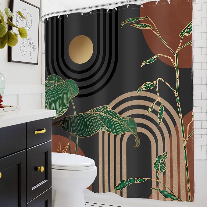 Glawry Dark Brown Mid Century Shower Curtain 60Wx72L Inches Boho Abstract Retro Tropical Palm Leaves Modern Bathroom Aesthetic Bath Accessories Art Home Decor Fabric with Hooks