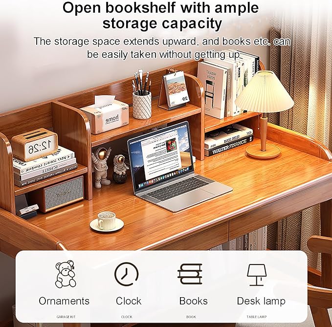 Solid Wood Writing Desk, Mid-Century Modern Computer Desk with Hutch and 2 Drawers, Simple Study Table for Home Office Workstation with Open Storage Shelf