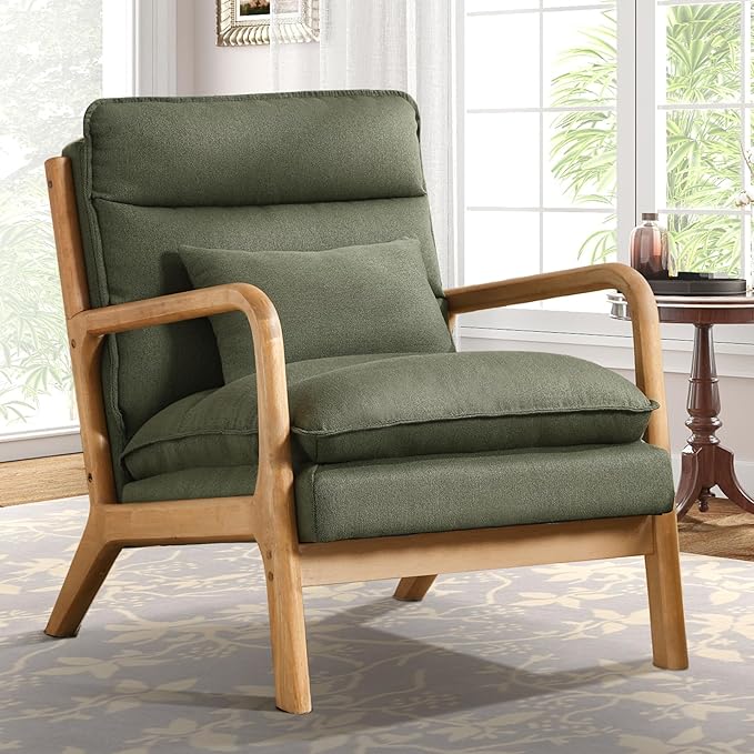 Mid Century Modern Accent Chair, Upholstered Lounge Armchair with Plump Back Pillow, Comfy Reading Chair with Solid Wood Frame for Bedroom Living Room, Green
