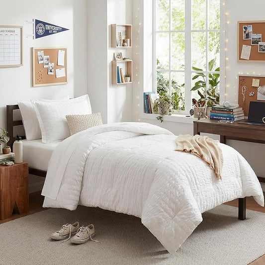 CozyLux Twin XL Comforter Set for College Dorm, 5 Pieces White Seersucker Twin Extra Long Bed in a Bag, Down Alternative Bedding Set with Comforter, Sheets, Pillowcase & Sham, Back to School Gift