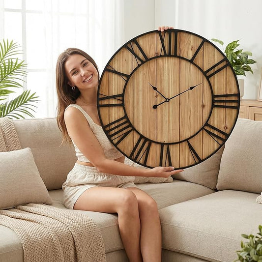 Large Farmhouse Wall Clock 30 Inch Vintage Brown Wooden Wall Clock with Quiet Ticking and Minimalist Roman Numerals for Bedroom Living Room Office Kitchen Home Decor, Battery Operated