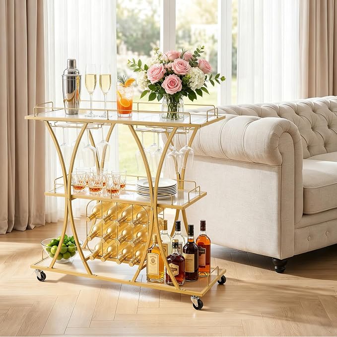 VEVOR Bar Cart, 3 Tiers Home Kitchen Serving Carts, Modern Rolling Utility Station on Wheels, Drink Beverage Trolley with Tempered Glass Shelves, Wine Rack, Glass Holder, for Living Dining Room, Gold