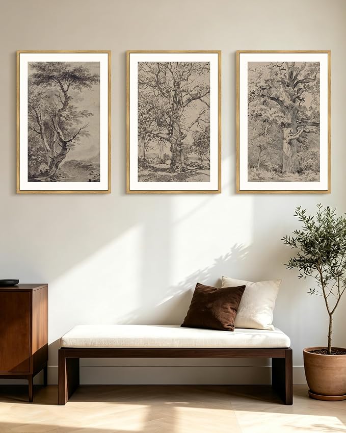 KUVIOKE Vintage Tree Framed Wall Art Retro Antique Forest Drawings Nature Wilderness Sketch Wall Painting Modern Decor 24x36in (Natural Framed)
