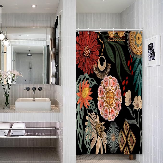 Black Boho Floral Shower Curtain Abstract Botanical Mid Century Modern Bathroom Decor Tropical Flower Shower Curtain with 6 Hooks,36x72 inches