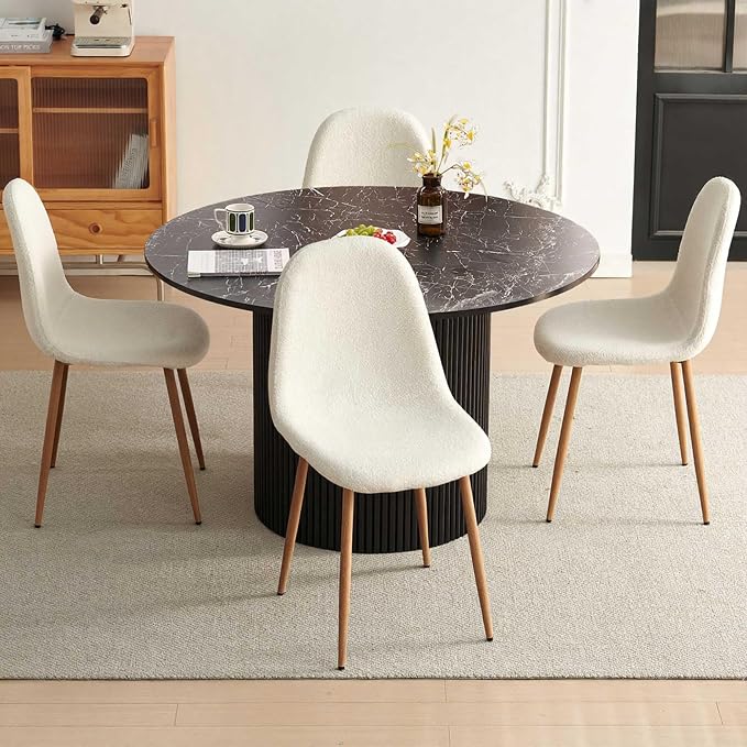 Dining Table Set for 4, Mid Century Modern 47 Inch Black Marble-Look Wooden Round Dining Table Set, Space Saving (Table + 4 White Chairs)